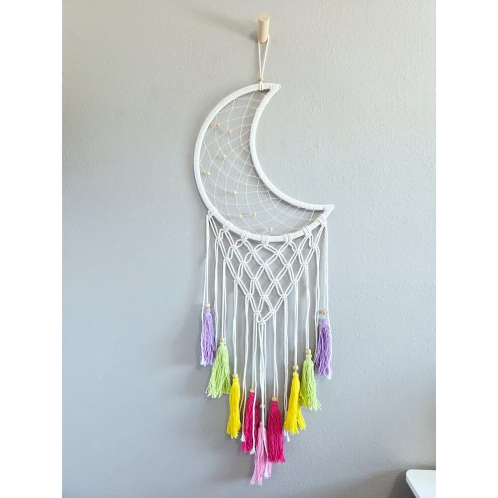 Large Macrame Woven Crescent Moon Dream Catcher With Colorful Tassels Wall Art